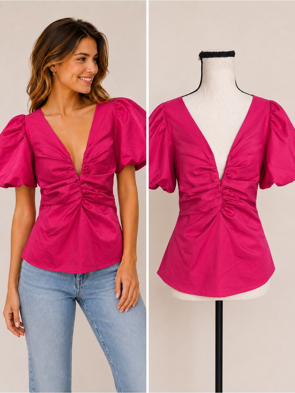 Women's Fuchsia‎ Puff Sleeve V-Neck Ruched Top